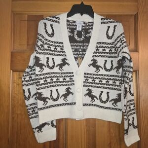 NWT NICOLE MILLER NEW YORK Long Sleeve V Neck Button Horse Fair Isle Cardigan XS